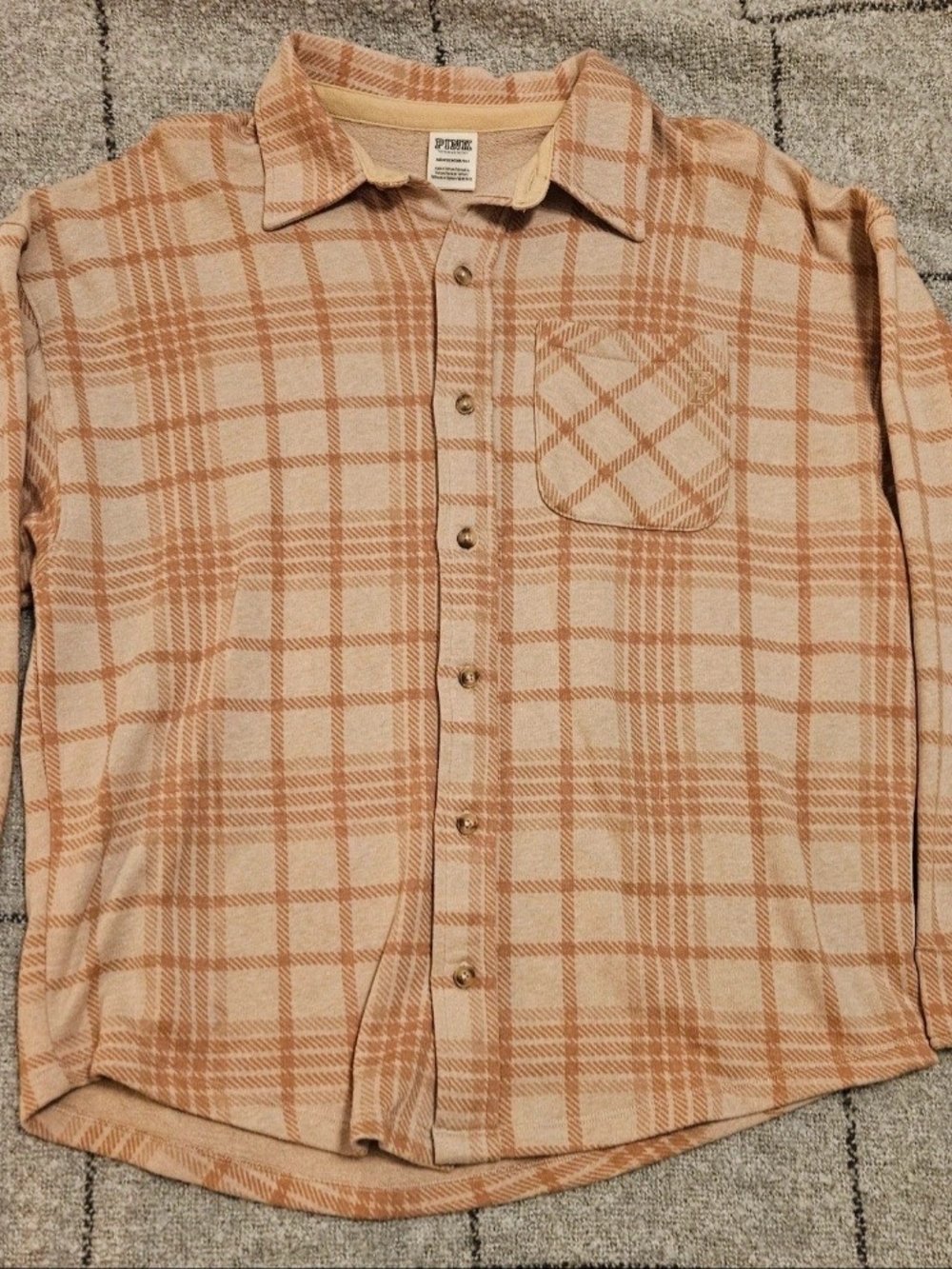 PINK Victoria's Secret Beige and Tan Plaid Button-Down Shacket